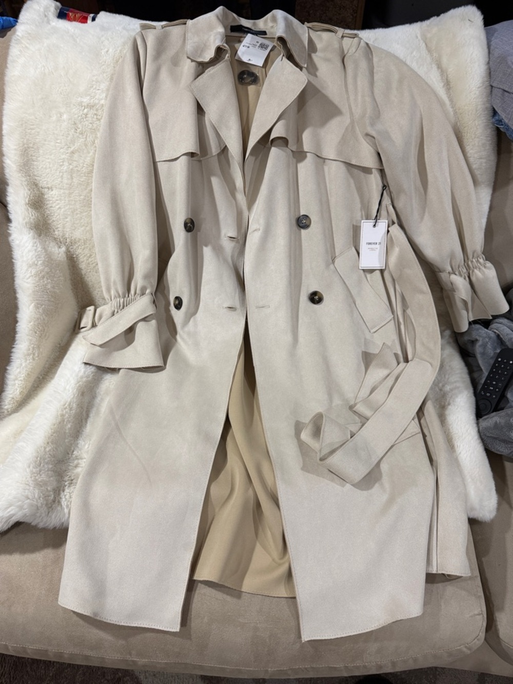 Forever 21 Beige Double-Breasted Trench Coat with Belt